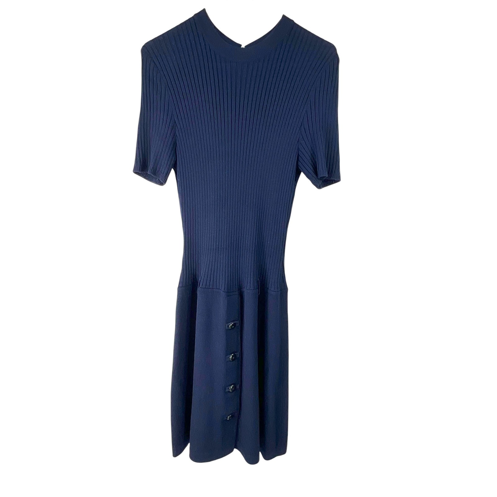 St. John | 6 | Navy Blue Short-Sleeve Ribbed Knit Dress Front Buttons Sweater